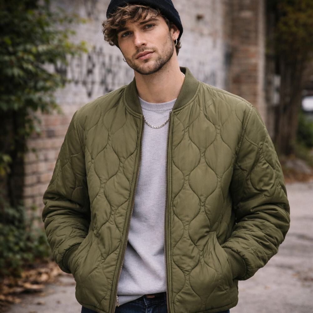 14TH & UNION Quilted Bomber Jacket Olive Green Size Small MSRP $98 Spring Coat